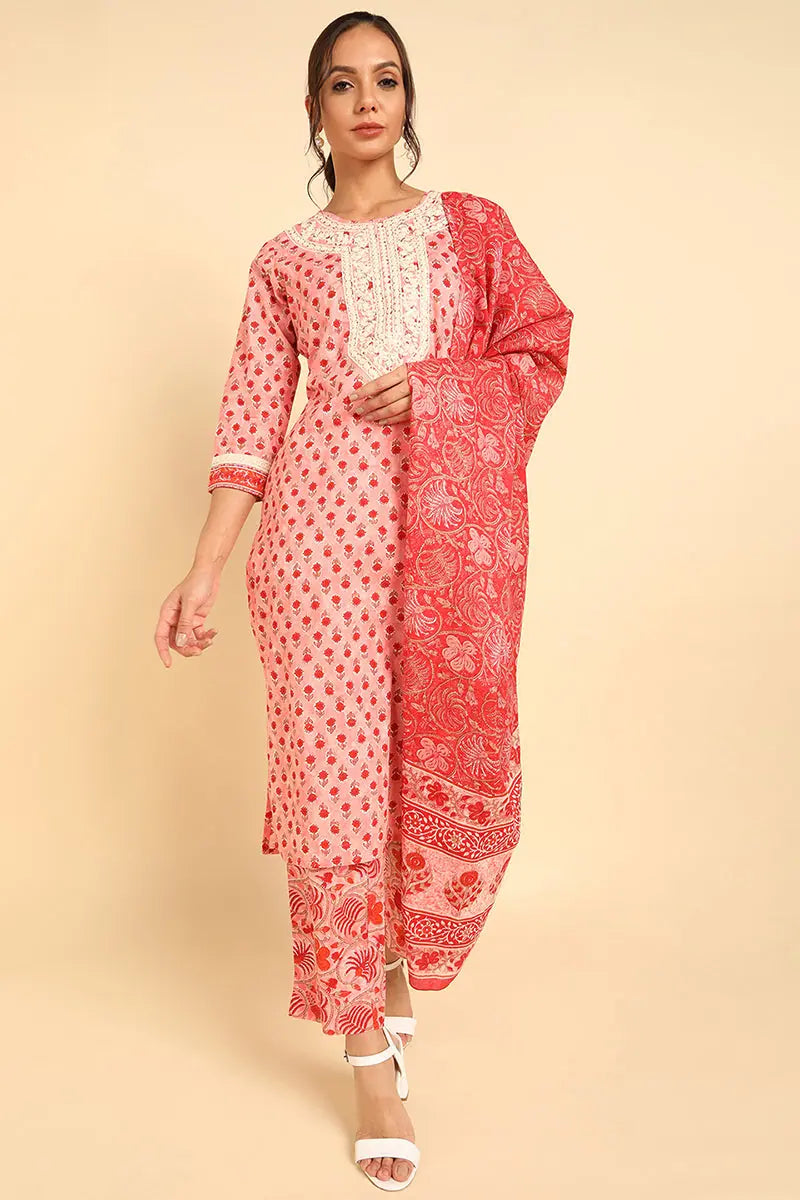 Ahika Cotton Floral Printed Kurta Trousers With-VKSKD1325A_S