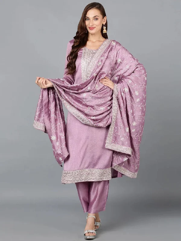 Lilac Silk Blend Embroidered Party wear Suit-PKSKD1898_XS