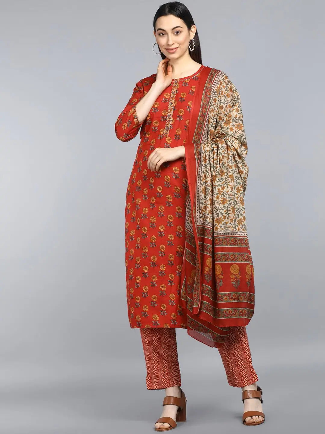 Ahika Pure Cotton Printed Kurta Pant Dupatta-VKSKD1027AB_XS