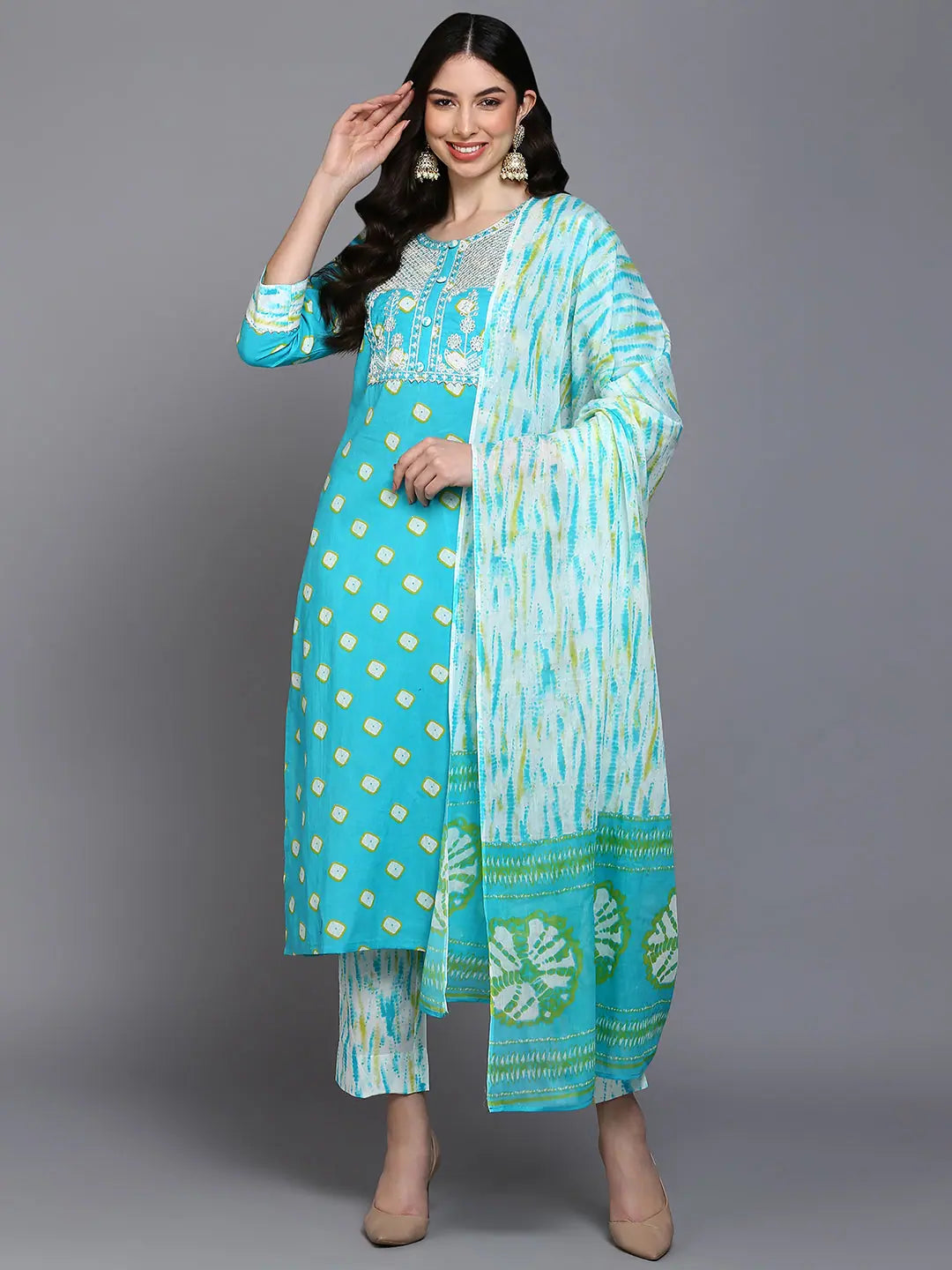 Cotton Blue Bandhani Printed Straight Kurta Pant