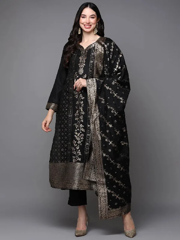 Poly Chanderi Black Jacquard Straight Kurta Pant