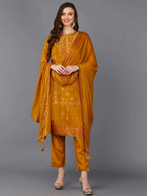 Silk Blend Mustard Embroidered Straight Kurta Pant