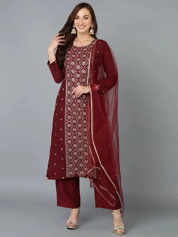 Maroon Silk Blend Embroidered Party wear Suit-PKSKD1825_XS