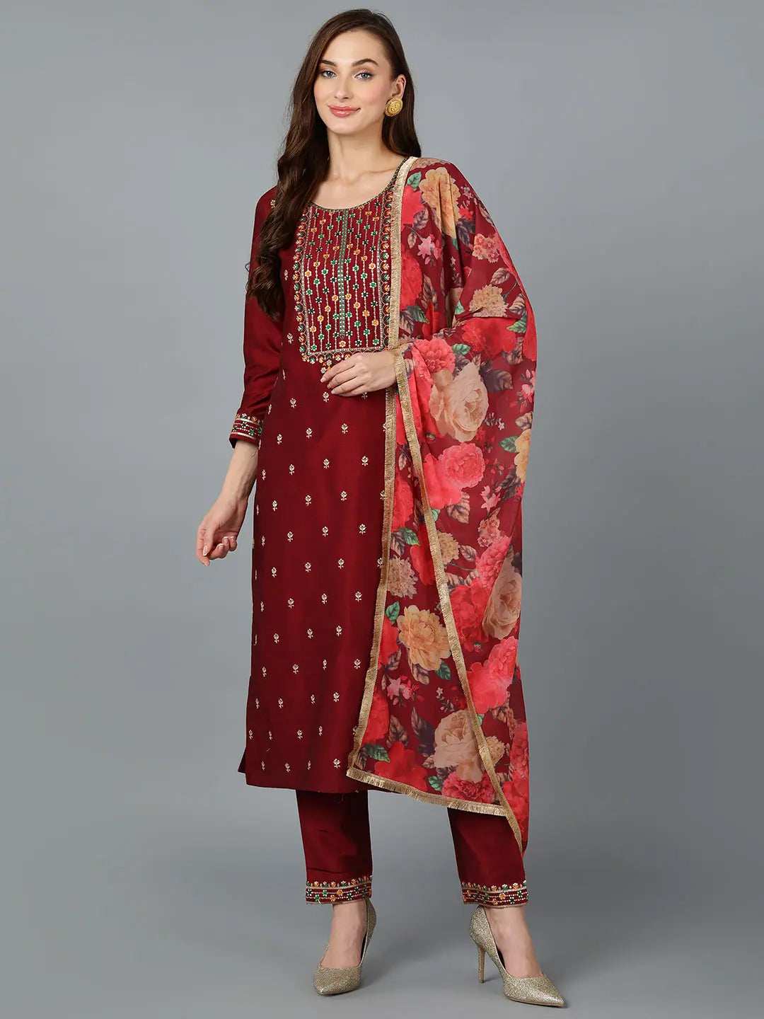 Maroon Silk Blend Embroidered Festive wear Suit-VKSKD1757_XS