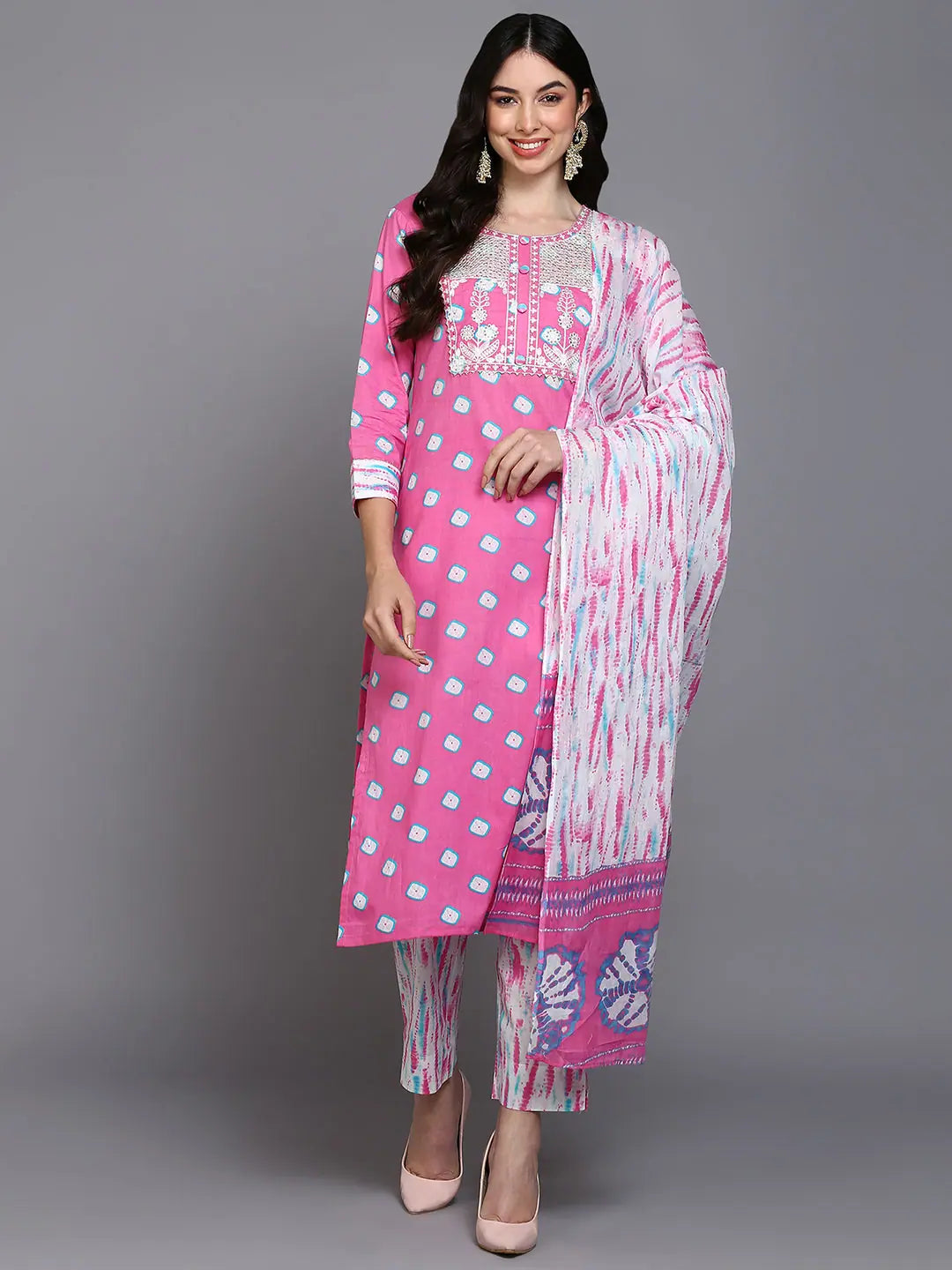 Cotton Pink Bandhani Printed Straight Kurta Pant-VKSKD1927_XS