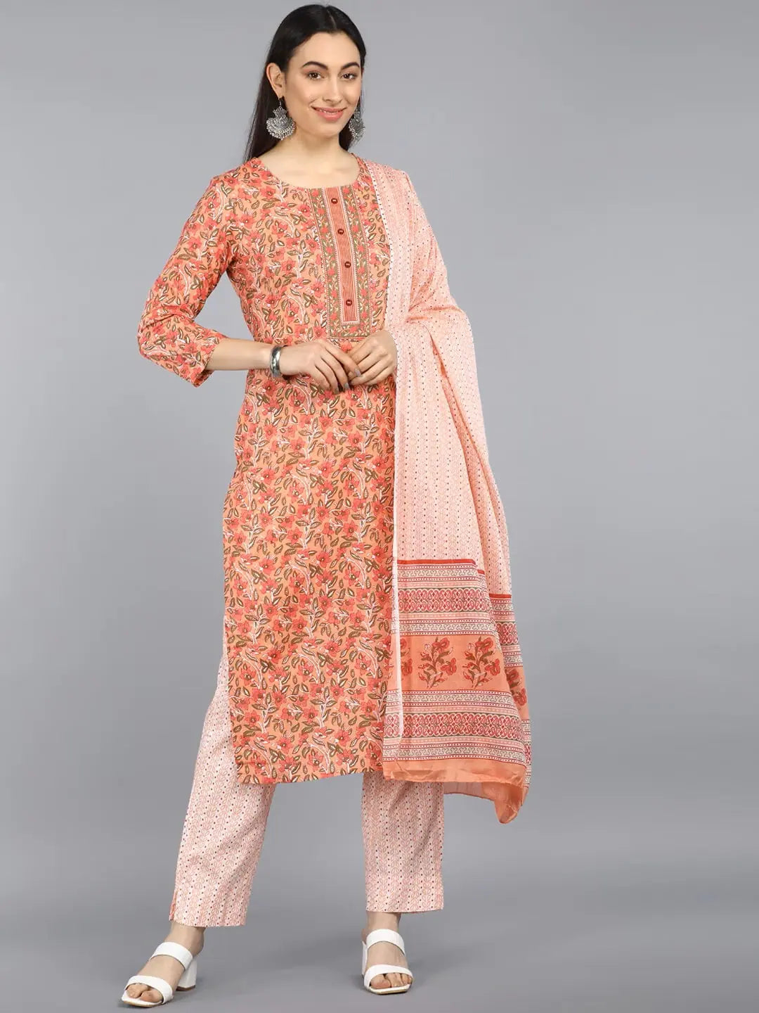 Ahika Cotton Blend Printed Kurta Pant Dupatta-VKSKD1043AB_XS