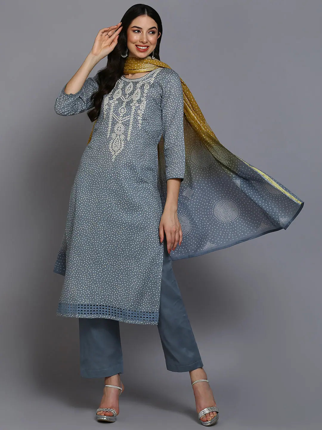 Cotton Grey Embroidered Straight Kurta Pant With-VKSKD1873_XS