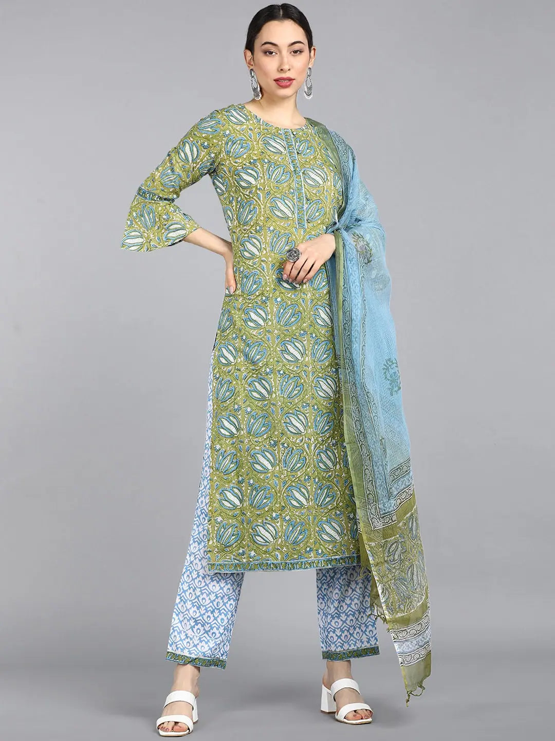 AHIKA Women Green Blue Ethnic Motifs Printed