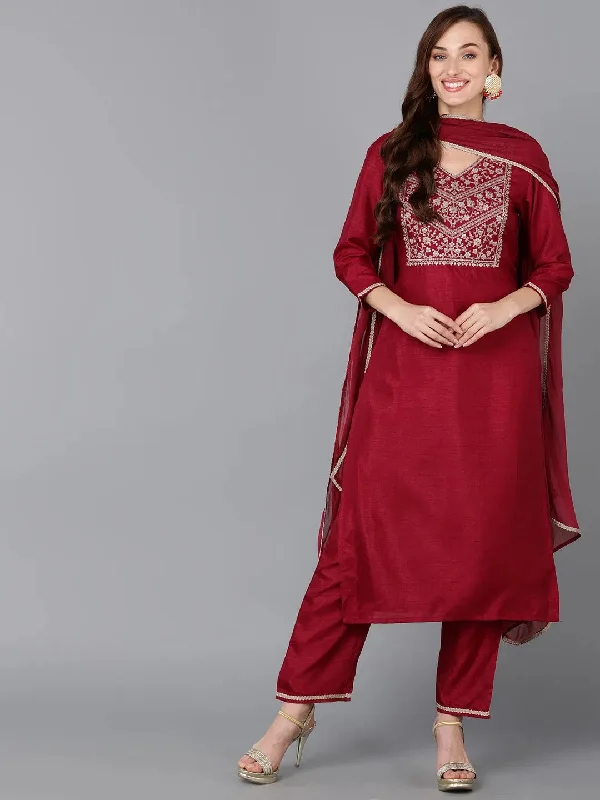 Ahika Women Silk Blend Embroidered Kurta Trousers-PKSKD1811_XS