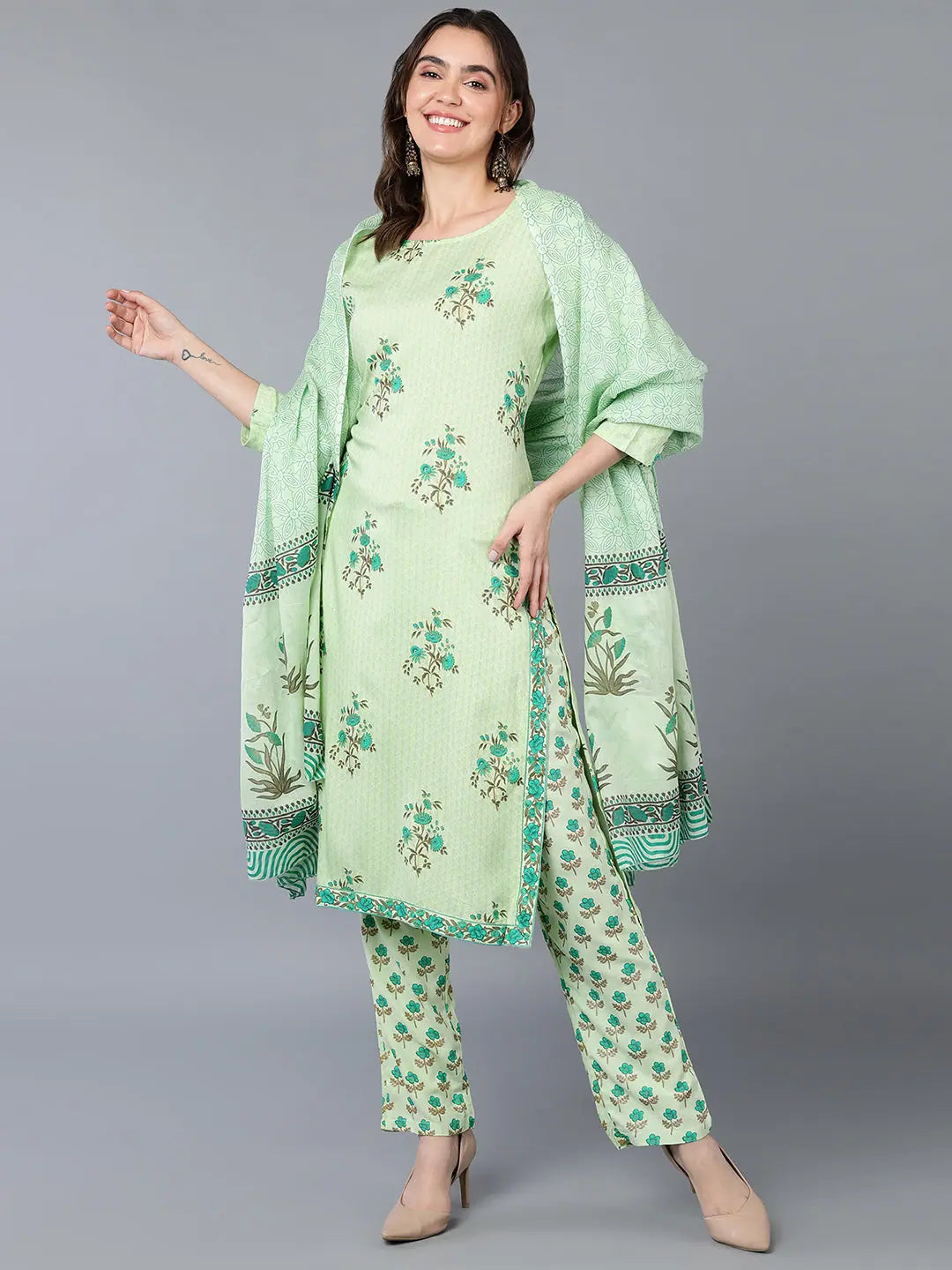 Cotton Pista Green Floral Printed Straight Kurta