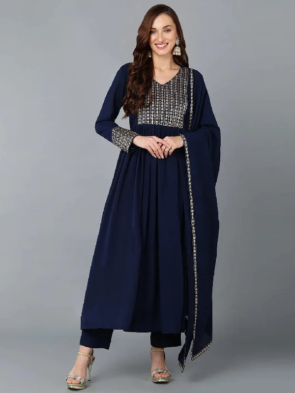 Navy Blue Georgette Sequinned Flared Suit Set