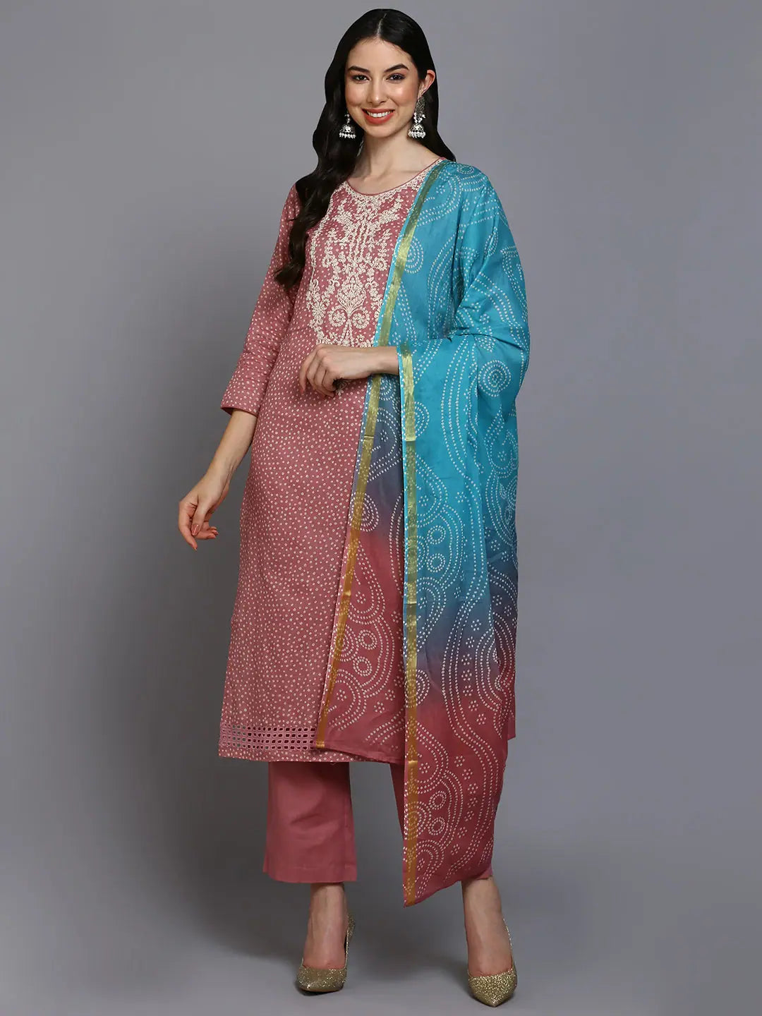 Cotton Pink Bandhani Printed Straight Kurta Pant-VKSKD1875_XS