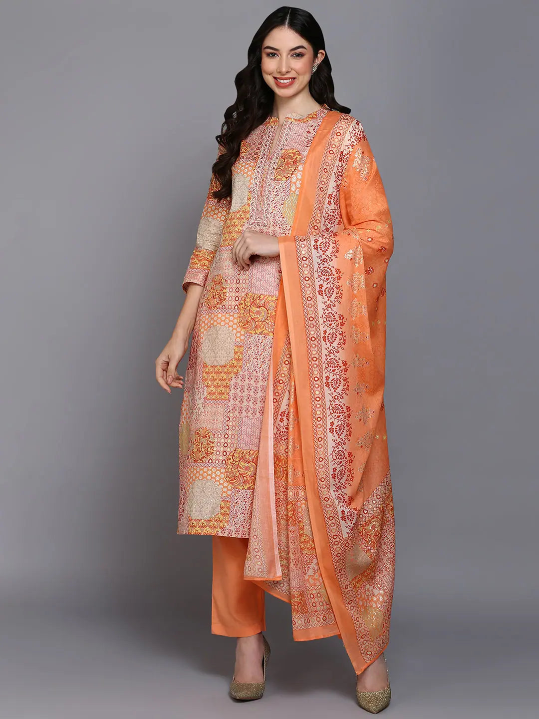 Cotton Peach Printed Straight Kurta Pant With-VKSKD1860_XS