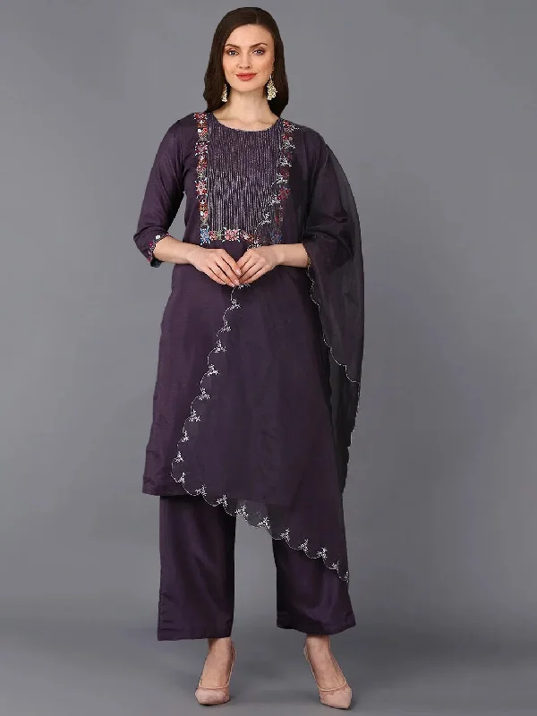 Poly Silk Charcoal Embroidered Straight Kurta Pant