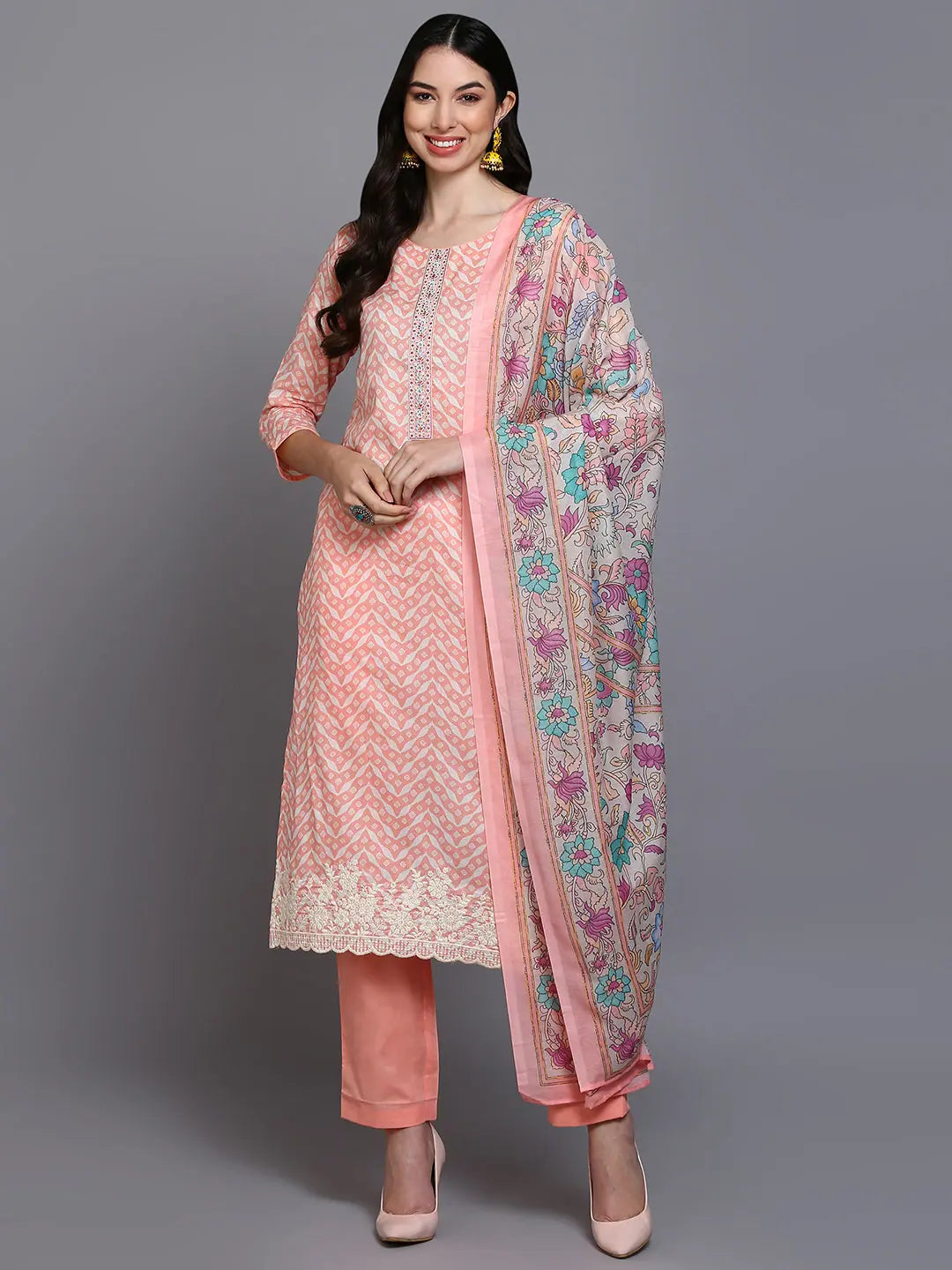 Cotton Peach Printed Straight Kurta Pant With-VKSKD1907_XS