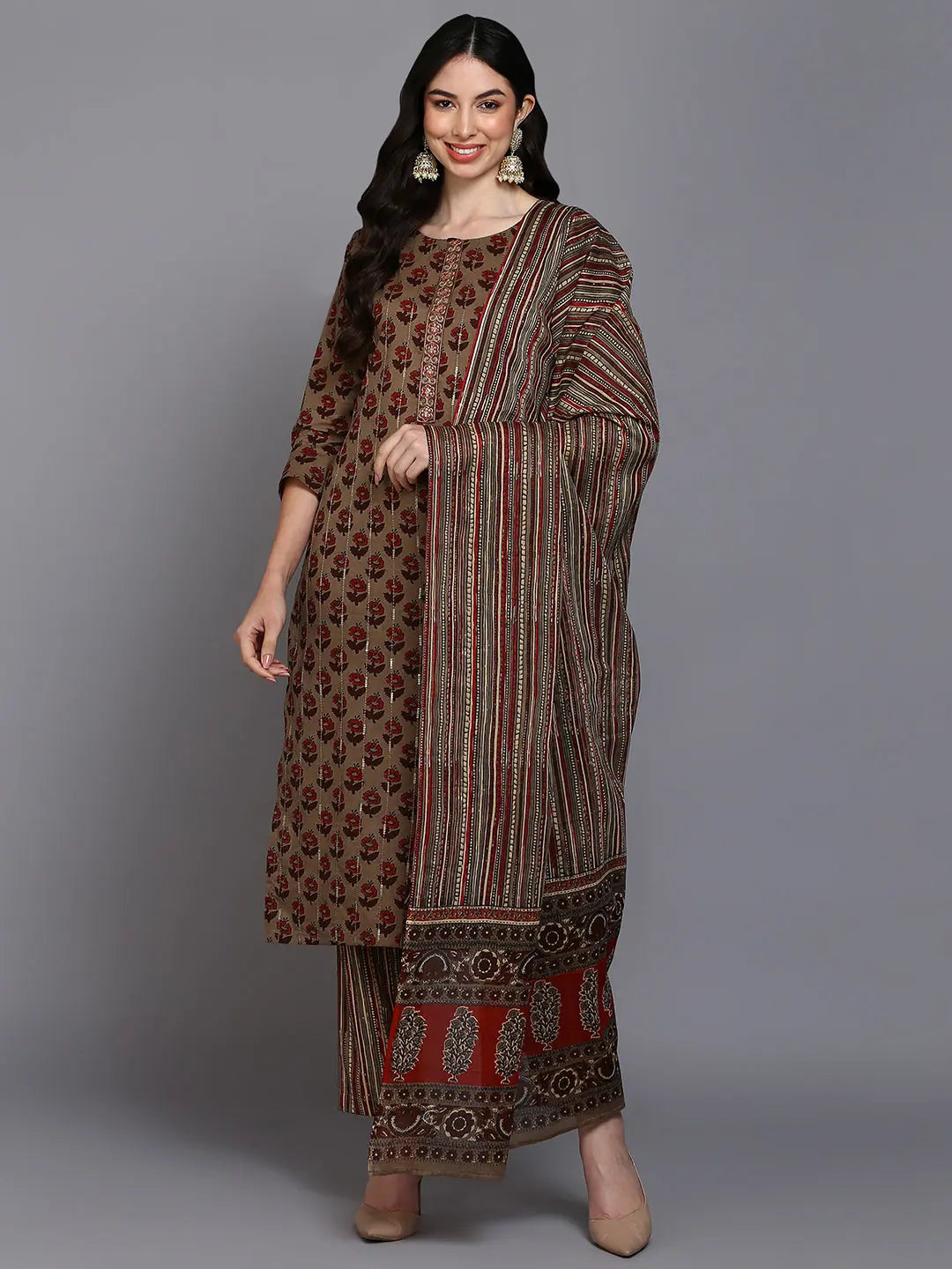 Cotton Beige Printed Straight Kurta Pant With-VKSKD1850_XS