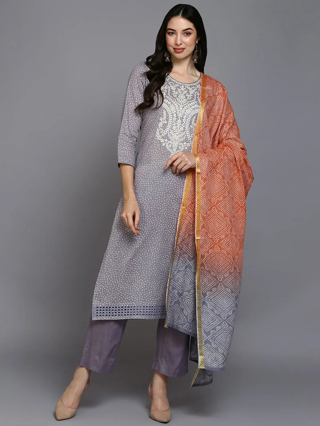 Cotton Lavender Bandhani Printed Straight Kurta Pant