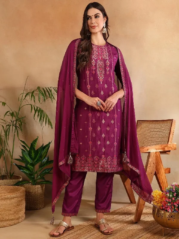 Silk Blend Maroon Embroidered Straight Kurta Pant