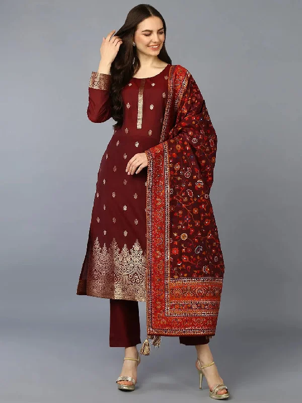 Silk Blend Maroon Jacquard Straight Kurta Pant