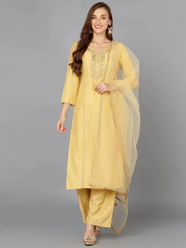 Flaxen Yellow Silk Blend Embroidered Festive wear