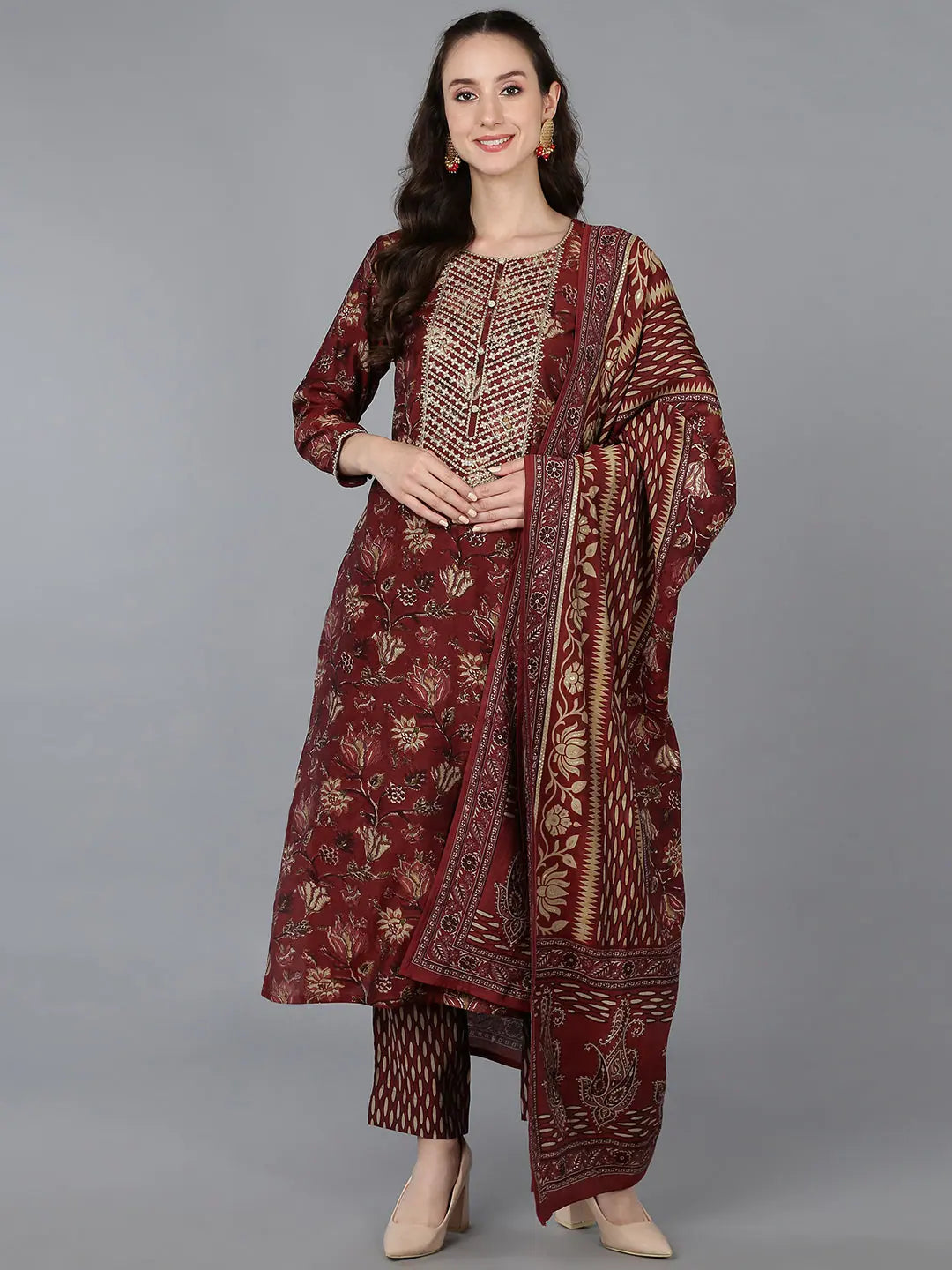 Ahika Women Silk Blend Embroidered Floral Printed-VKSKD1689_XS