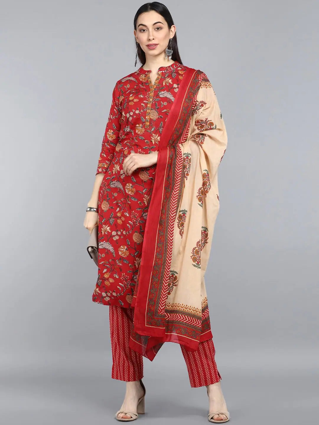 Ahika Pure Cotton Printed Kurta Pant Dupatta-VKSKD1037AB_XS