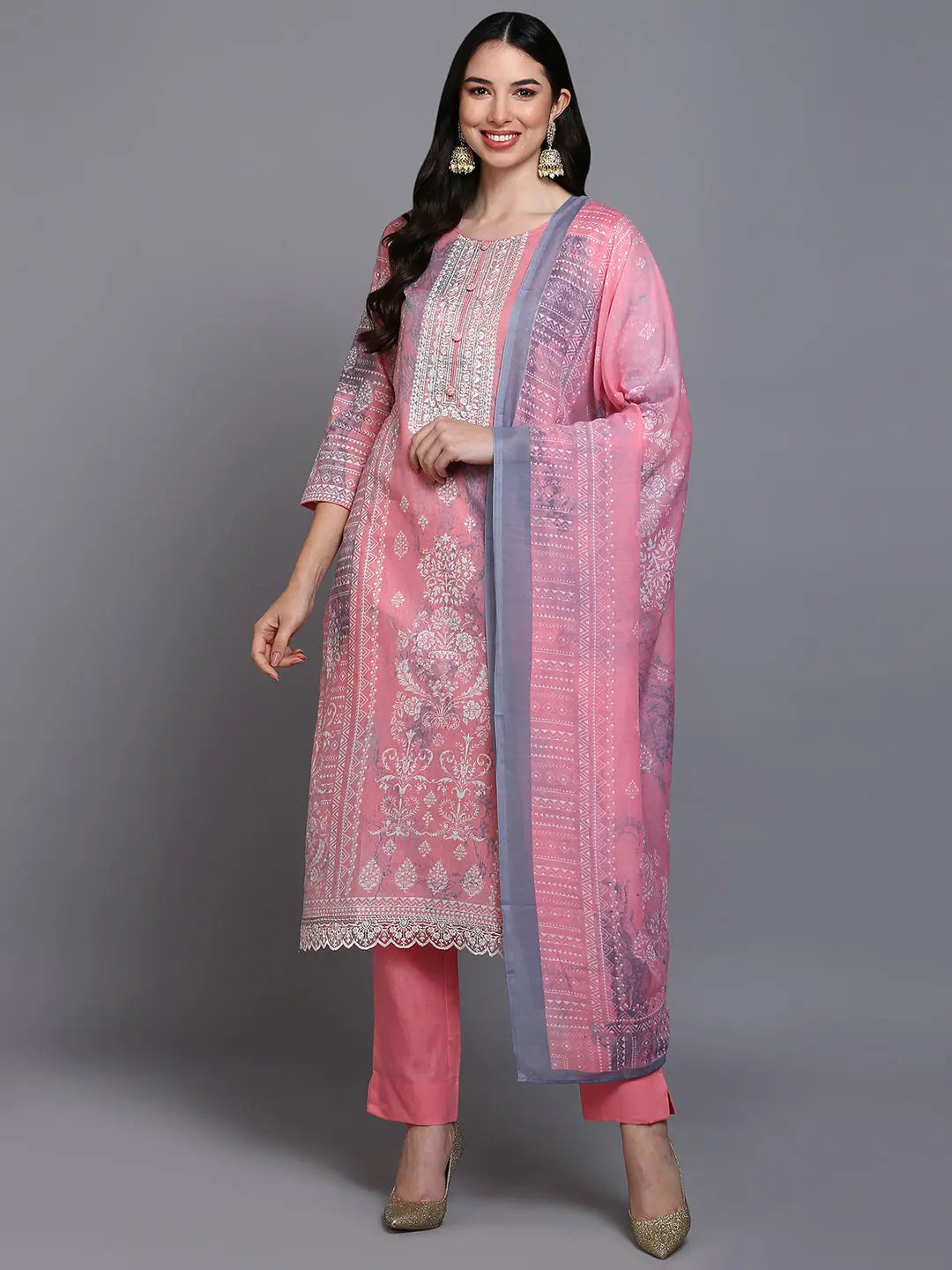 Cotton Peach Printed Straight Kurta Pant With-VKSKD1914_XS