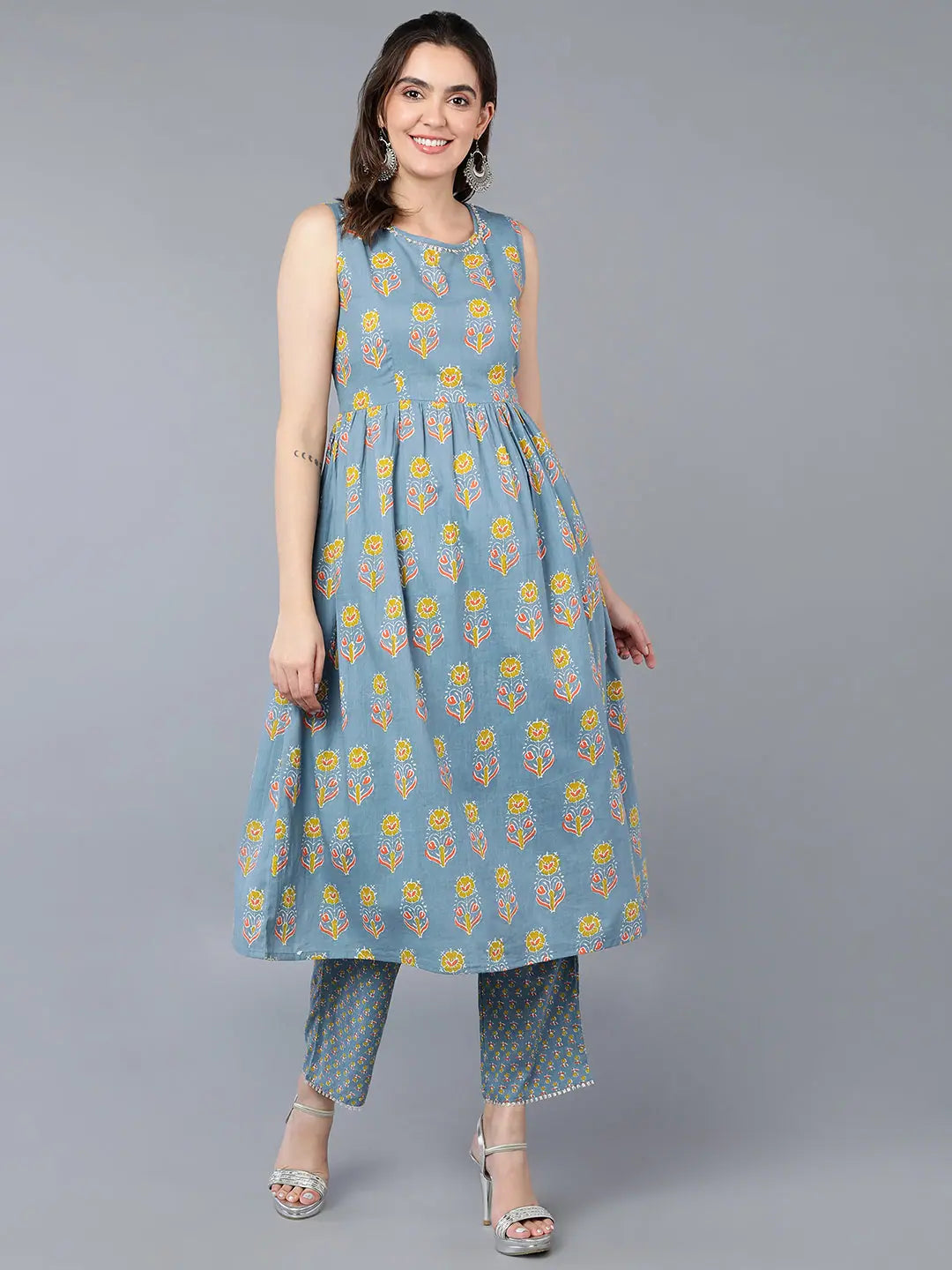 Cotton Blue Floral Printed Kurta Pant With