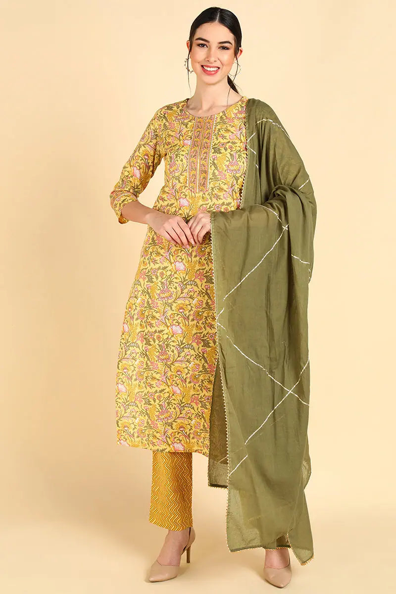 Ahika Cotton Printed Kurta Pant Dupatta Set-VKSKD1405_S