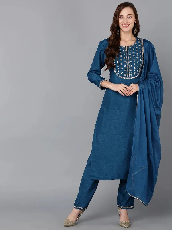 Ahika Women Silk Blend Embroidered Kurta Trouser-PKSKD1820_XS