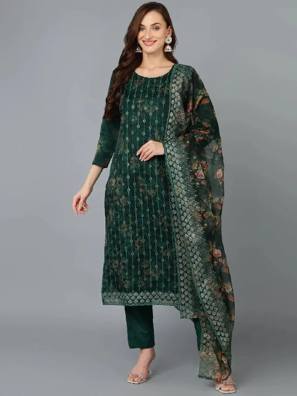 Organza Green Floral Printed Straight Suit Set