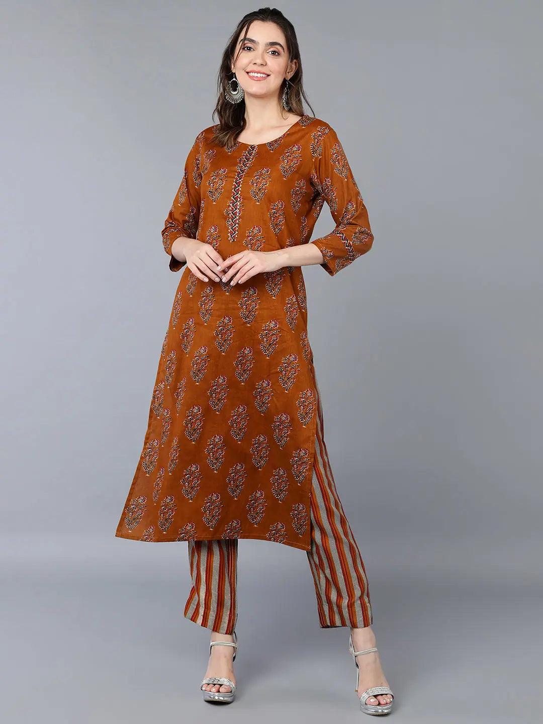 Cotton Blend Ochre Yellow Printed Straight Kurta