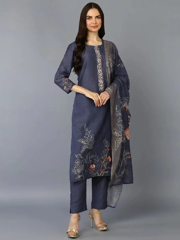 Silk Blend Grey Printed Straight Kurta Pant-PKSKD1959_XS