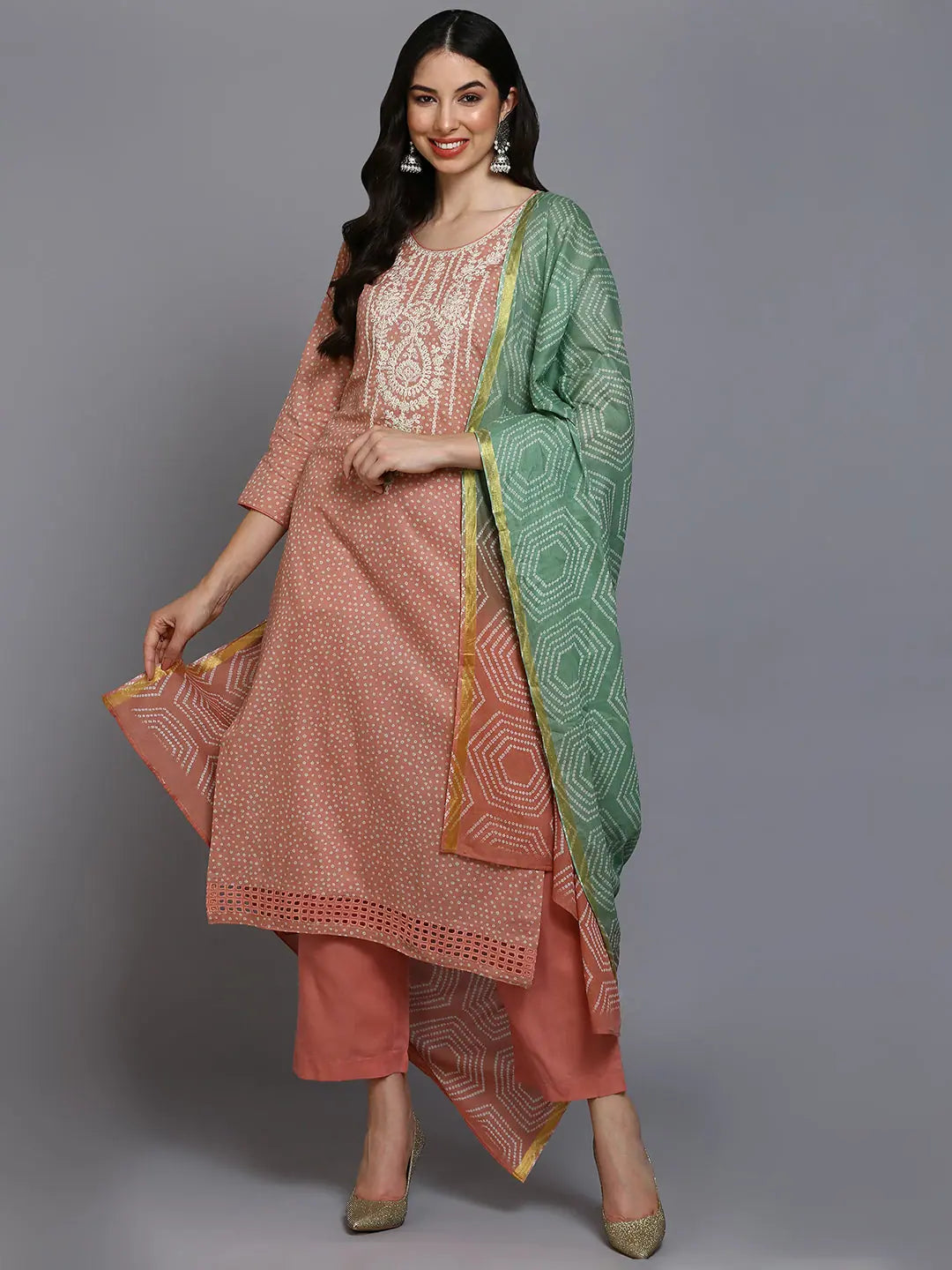 Cotton Peach Bandhani Printed Straight Kurta Pant