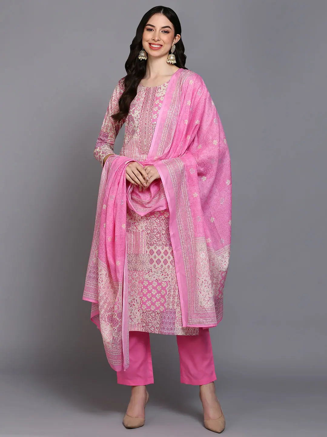 Cotton Pink Printed Straight Kurta Pant With-VKSKD1856_XS