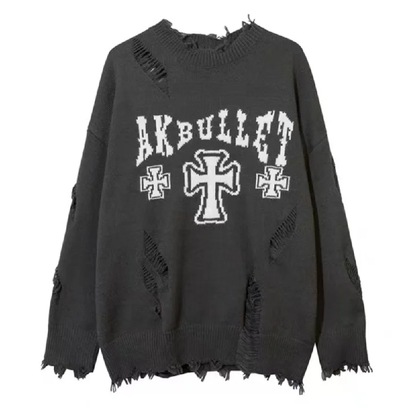 Ripped Cross Lettering Knit Sweater