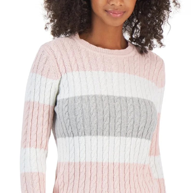 Tommy Hilfiger Women's Flag Logo Colorblocked Cotton Cable Knit Sweater Pink Size Large