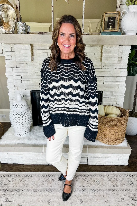 Wavy Striped Crochet Wide Sleeve Sweater in Black