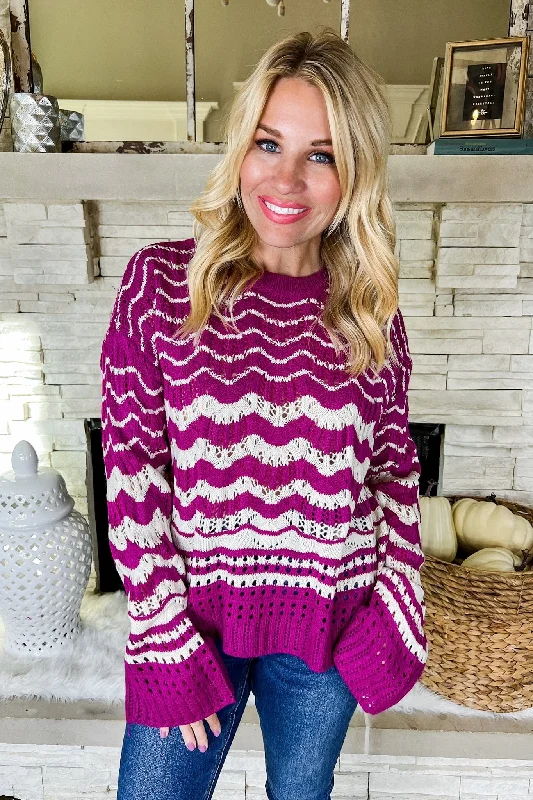 Wavy Striped Crochet Wide Sleeve Sweater in Magenta