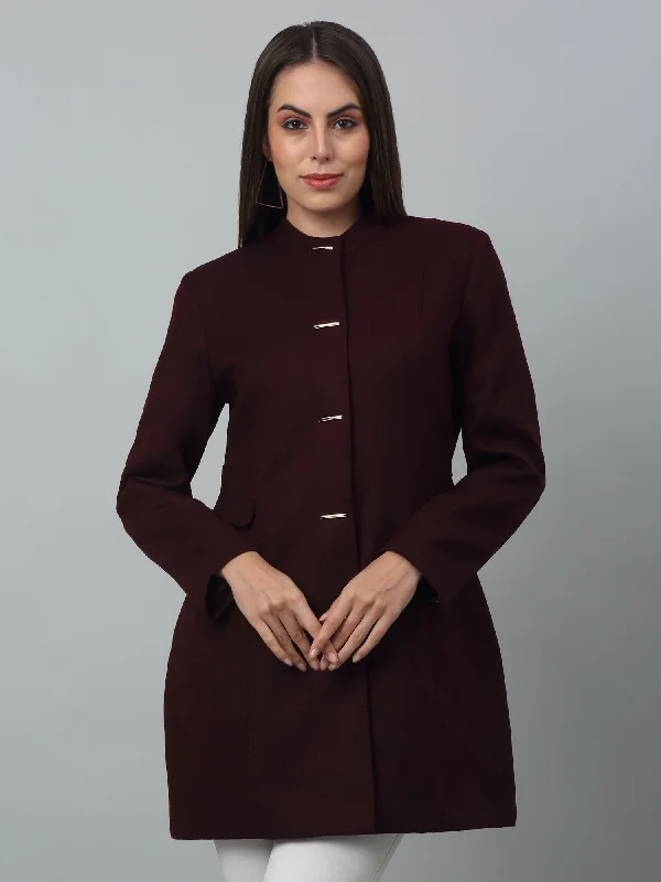 Women's Casual  Burgundy Single breasted  Stand Collar Long Coat