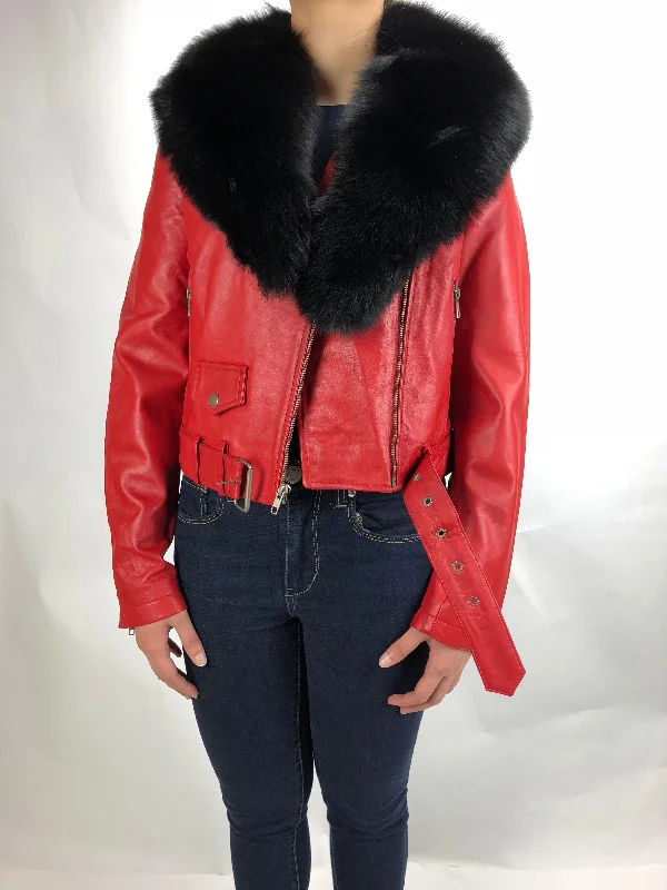 Women's Classic Biker Red With Fox Collar [SLIM FIT]