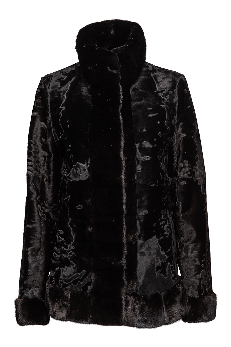 Black Russian Broadtail Fur Jacket - Black Star Mink Fur Details