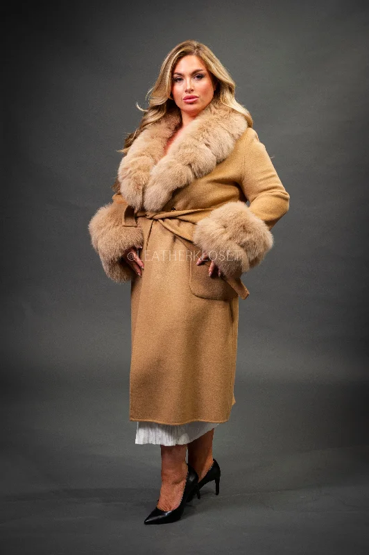 Women's Cashmere Trench Coat With Fox Trimming [Camel]