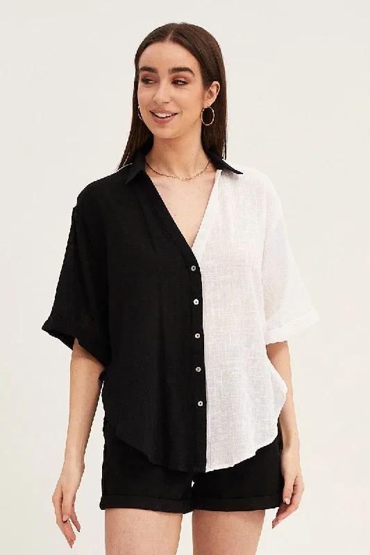 Black Mono Cotton Half Sleeve Relaxed Shirt