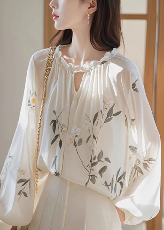 Bohemian White Ruffled Print Chiffon Shirt Fall