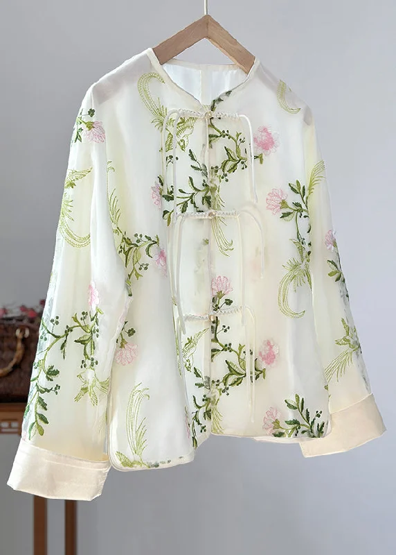 Boho Green Embroidered Button Organza Shirts Fall