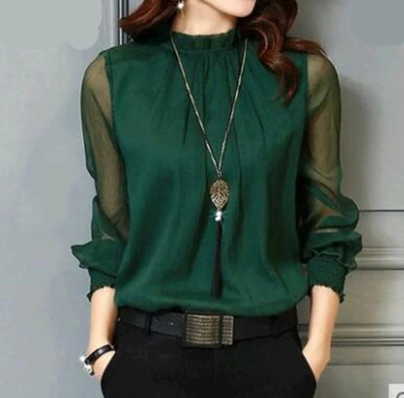 Chiffon Blouse Tops Long Sleeve Stand Neck Work Wear Shirts Elegant Lady Casual Blouses