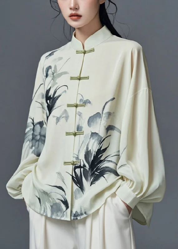 Elegant Light Green Stand Collar Print Cotton Shirt Fall