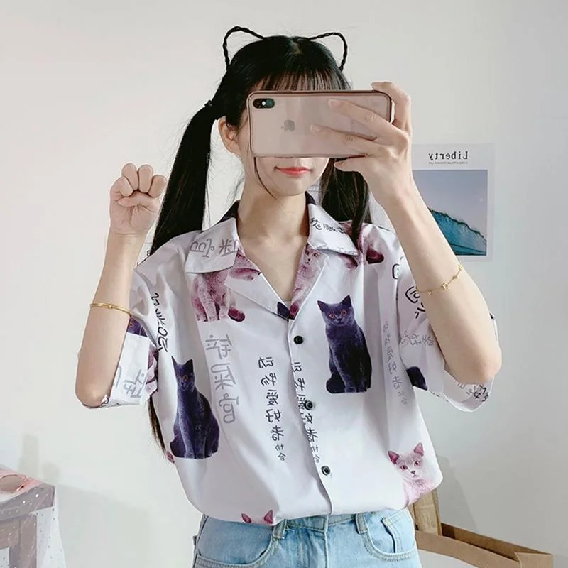 Kawaii Kitten Printed Chiffon Shirt