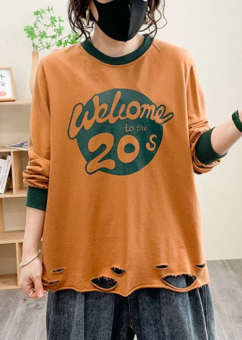 Loose Orange O Neck Print Cotton T Shirt Fall